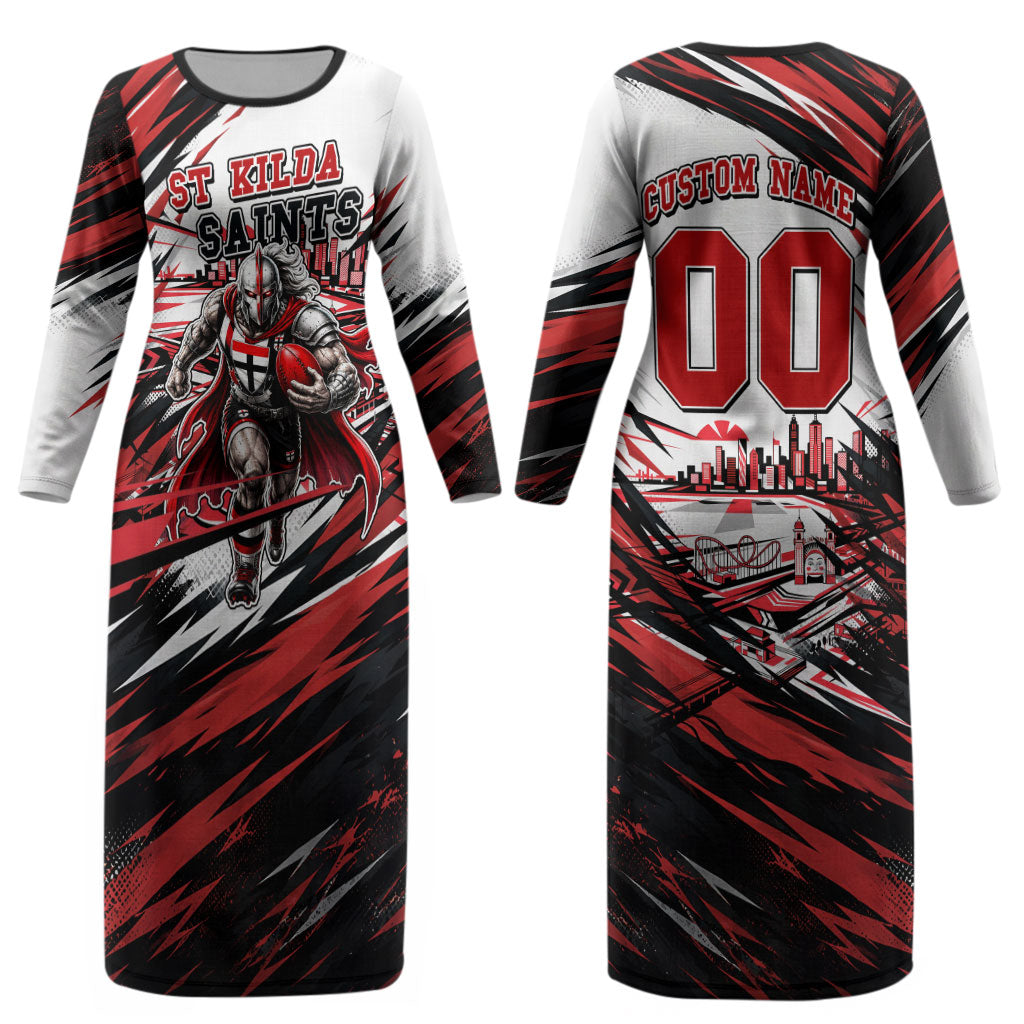 Personalised St Kilda Saints Fan Pride Couples Matching Long Sleeve Bodycon Dress and Long Sleeve Button Shirt Crusader Mascot Graphic Art With Melbourne City Skyline