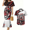 Personalised St Kilda Saints Fan Pride Couples Matching Mermaid Dress and Hawaiian Shirt Crusader Mascot Graphic Art With Melbourne City Skyline