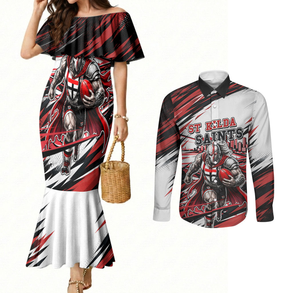 Personalised St Kilda Saints Fan Pride Couples Matching Mermaid Dress and Long Sleeve Button Shirt Crusader Mascot Graphic Art With Melbourne City Skyline