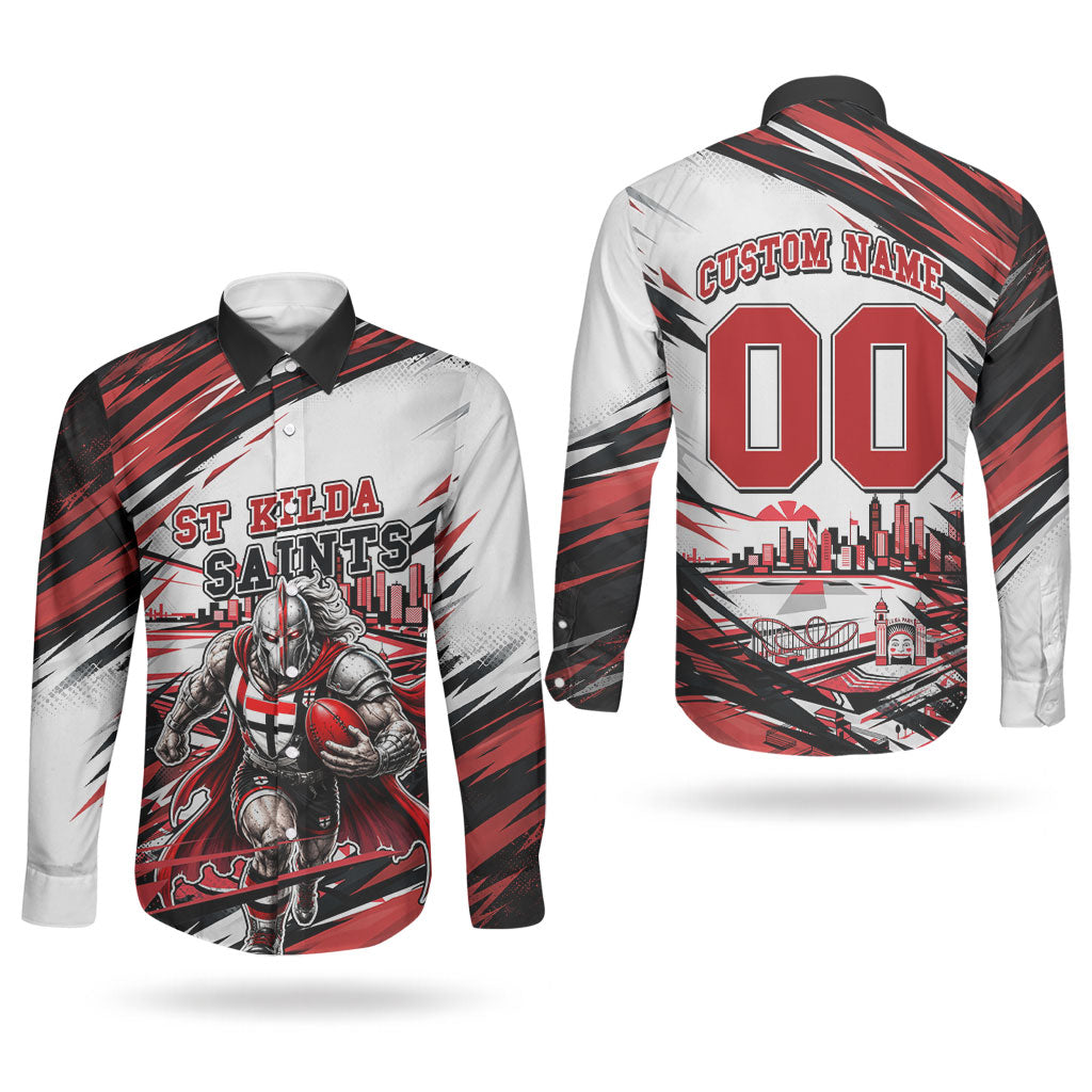 Personalised St Kilda Saints Fan Pride Couples Matching Mermaid Dress and Long Sleeve Button Shirt Crusader Mascot Graphic Art With Melbourne City Skyline