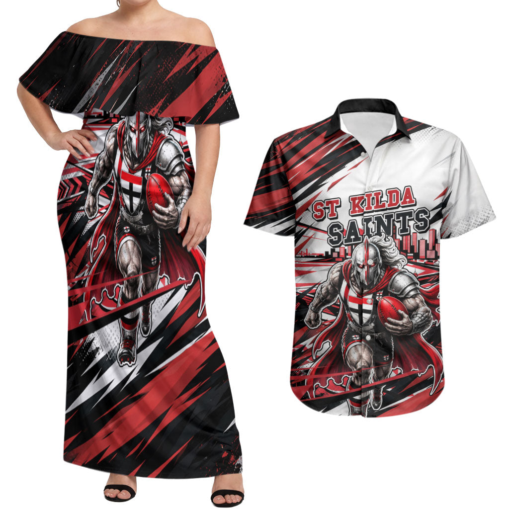 Personalised St Kilda Saints Fan Pride Couples Matching Off Shoulder Maxi Dress and Hawaiian Shirt Crusader Mascot Graphic Art With Melbourne City Skyline
