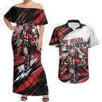 Personalised St Kilda Saints Fan Pride Couples Matching Off Shoulder Maxi Dress and Hawaiian Shirt Crusader Mascot Graphic Art With Melbourne City Skyline