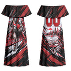 Personalised St Kilda Saints Fan Pride Couples Matching Off Shoulder Maxi Dress and Hawaiian Shirt Crusader Mascot Graphic Art With Melbourne City Skyline