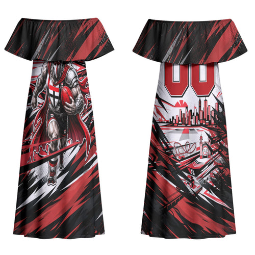 Personalised St Kilda Saints Fan Pride Couples Matching Off Shoulder Maxi Dress and Hawaiian Shirt Crusader Mascot Graphic Art With Melbourne City Skyline