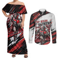 Personalised St Kilda Saints Fan Pride Couples Matching Off Shoulder Maxi Dress and Long Sleeve Button Shirt Crusader Mascot Graphic Art With Melbourne City Skyline
