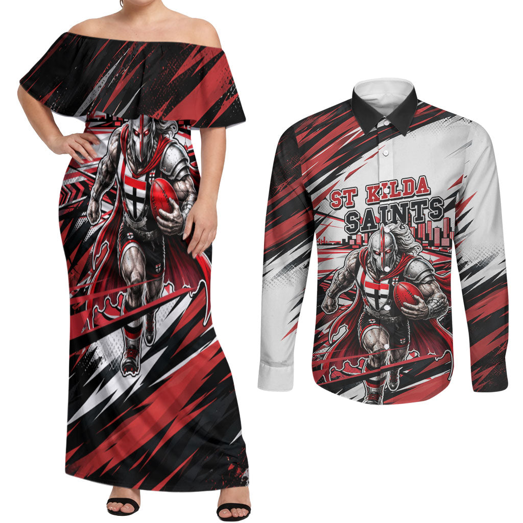 Personalised St Kilda Saints Fan Pride Couples Matching Off Shoulder Maxi Dress and Long Sleeve Button Shirt Crusader Mascot Graphic Art With Melbourne City Skyline