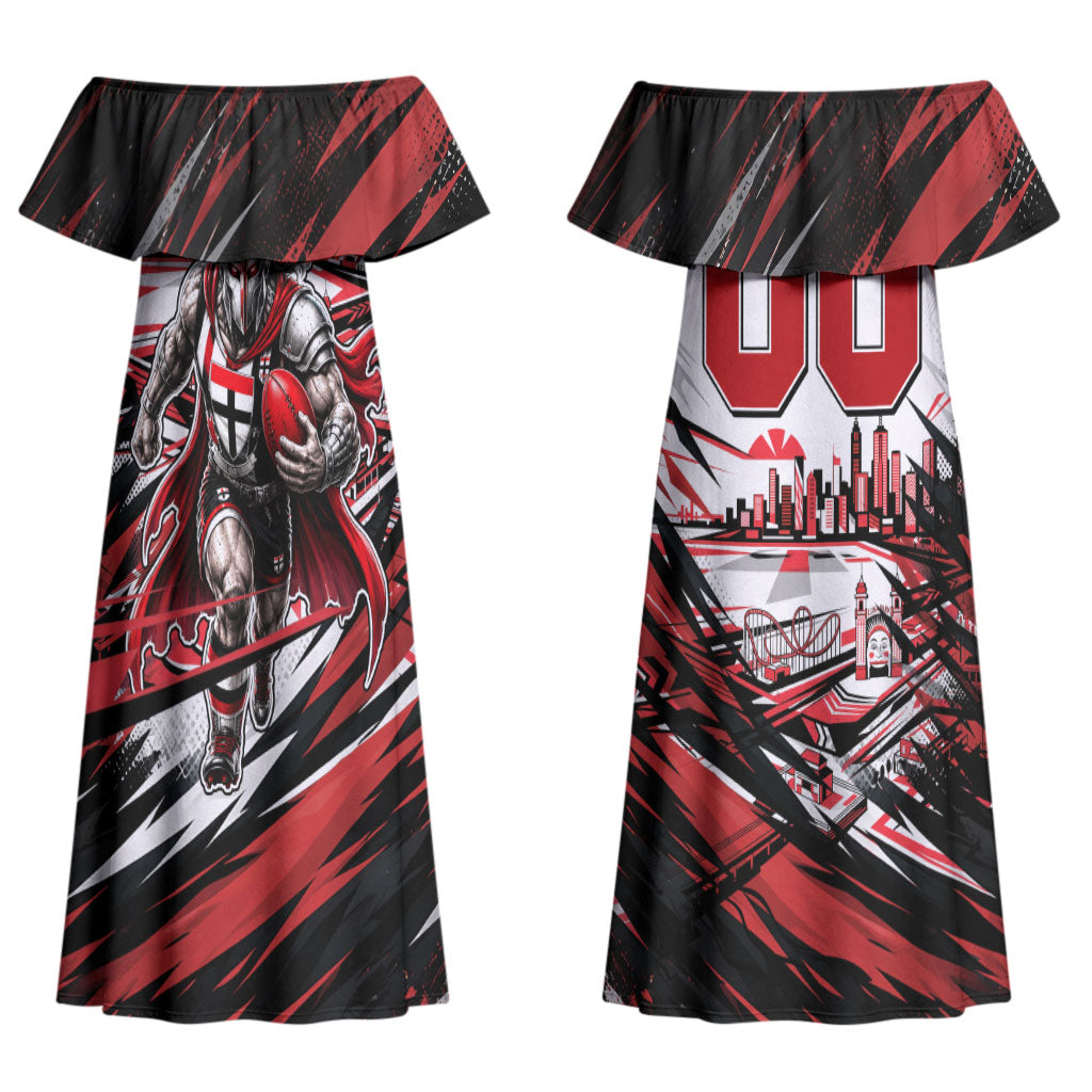 Personalised St Kilda Saints Fan Pride Couples Matching Off Shoulder Maxi Dress and Long Sleeve Button Shirt Crusader Mascot Graphic Art With Melbourne City Skyline
