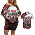 Personalised St Kilda Saints Fan Pride Couples Matching Off Shoulder Short Dress and Hawaiian Shirt Crusader Mascot Graphic Art With Melbourne City Skyline