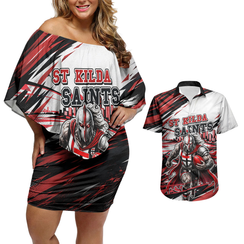 Personalised St Kilda Saints Fan Pride Couples Matching Off Shoulder Short Dress and Hawaiian Shirt Crusader Mascot Graphic Art With Melbourne City Skyline
