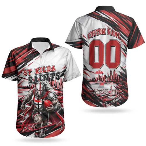 Personalised St Kilda Saints Fan Pride Couples Matching Off Shoulder Short Dress and Hawaiian Shirt Crusader Mascot Graphic Art With Melbourne City Skyline