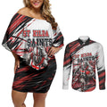 Personalised St Kilda Saints Fan Pride Couples Matching Off Shoulder Short Dress and Long Sleeve Button Shirt Crusader Mascot Graphic Art With Melbourne City Skyline