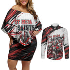 Personalised St Kilda Saints Fan Pride Couples Matching Off Shoulder Short Dress and Long Sleeve Button Shirt Crusader Mascot Graphic Art With Melbourne City Skyline