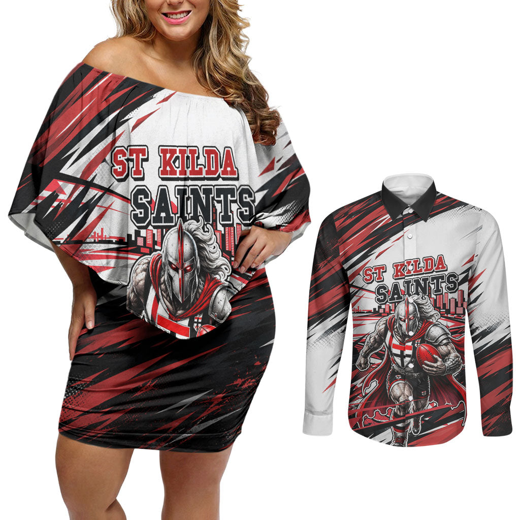 Personalised St Kilda Saints Fan Pride Couples Matching Off Shoulder Short Dress and Long Sleeve Button Shirt Crusader Mascot Graphic Art With Melbourne City Skyline