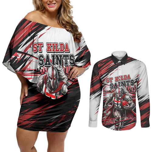 Personalised St Kilda Saints Fan Pride Couples Matching Off Shoulder Short Dress and Long Sleeve Button Shirt Crusader Mascot Graphic Art With Melbourne City Skyline