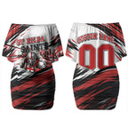 Personalised St Kilda Saints Fan Pride Couples Matching Off Shoulder Short Dress and Long Sleeve Button Shirt Crusader Mascot Graphic Art With Melbourne City Skyline