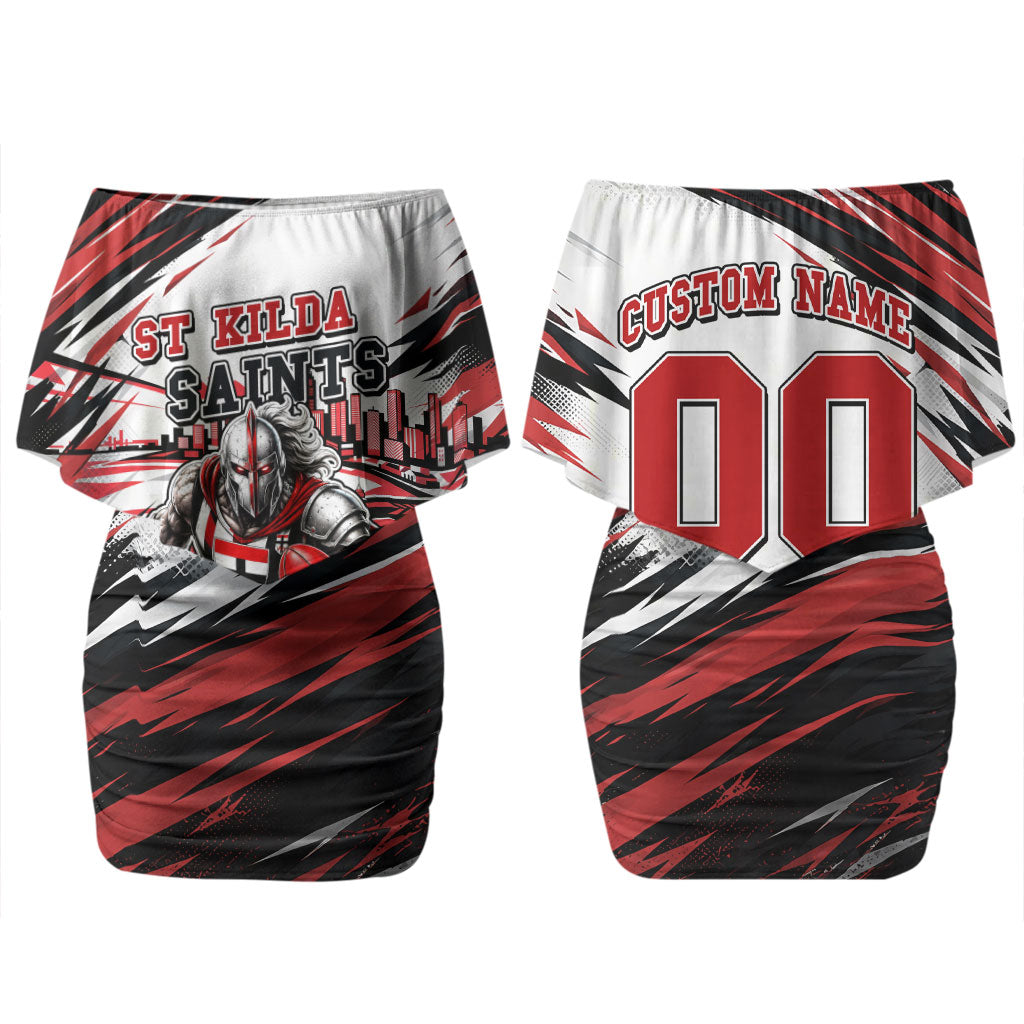 Personalised St Kilda Saints Fan Pride Couples Matching Off Shoulder Short Dress and Long Sleeve Button Shirt Crusader Mascot Graphic Art With Melbourne City Skyline