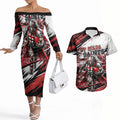 Personalised St Kilda Saints Fan Pride Couples Matching Off The Shoulder Long Sleeve Dress and Hawaiian Shirt Crusader Mascot Graphic Art With Melbourne City Skyline