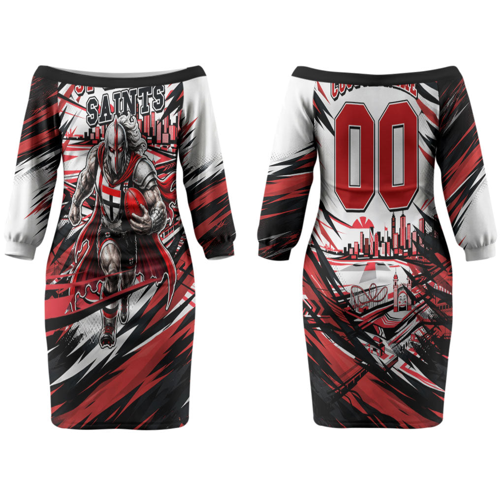 Personalised St Kilda Saints Fan Pride Couples Matching Off The Shoulder Long Sleeve Dress and Hawaiian Shirt Crusader Mascot Graphic Art With Melbourne City Skyline