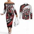 Personalised St Kilda Saints Fan Pride Couples Matching Off The Shoulder Long Sleeve Dress and Long Sleeve Button Shirt Crusader Mascot Graphic Art With Melbourne City Skyline