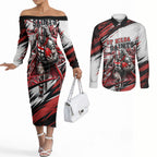 Personalised St Kilda Saints Fan Pride Couples Matching Off The Shoulder Long Sleeve Dress and Long Sleeve Button Shirt Crusader Mascot Graphic Art With Melbourne City Skyline