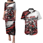 Personalised St Kilda Saints Fan Pride Couples Matching Puletasi and Hawaiian Shirt Crusader Mascot Graphic Art With Melbourne City Skyline