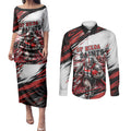 Personalised St Kilda Saints Fan Pride Couples Matching Puletasi and Long Sleeve Button Shirt Crusader Mascot Graphic Art With Melbourne City Skyline