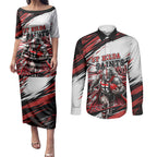 Personalised St Kilda Saints Fan Pride Couples Matching Puletasi and Long Sleeve Button Shirt Crusader Mascot Graphic Art With Melbourne City Skyline