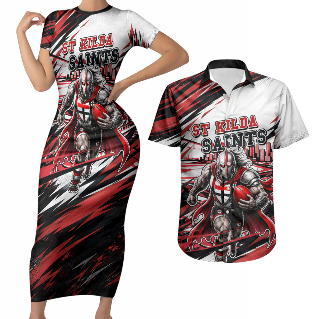 Personalised St Kilda Saints Fan Pride Couples Matching Short Sleeve Bodycon Dress and Hawaiian Shirt Crusader Mascot Graphic Art With Melbourne City Skyline