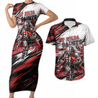 Personalised St Kilda Saints Fan Pride Couples Matching Short Sleeve Bodycon Dress and Hawaiian Shirt Crusader Mascot Graphic Art With Melbourne City Skyline