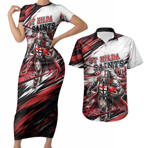 Personalised St Kilda Saints Fan Pride Couples Matching Short Sleeve Bodycon Dress and Hawaiian Shirt Crusader Mascot Graphic Art With Melbourne City Skyline