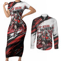 Personalised St Kilda Saints Fan Pride Couples Matching Short Sleeve Bodycon Dress and Long Sleeve Button Shirt Crusader Mascot Graphic Art With Melbourne City Skyline