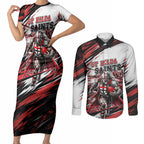 Personalised St Kilda Saints Fan Pride Couples Matching Short Sleeve Bodycon Dress and Long Sleeve Button Shirt Crusader Mascot Graphic Art With Melbourne City Skyline
