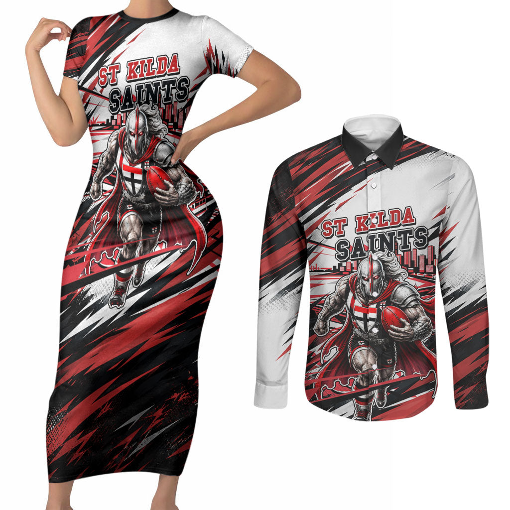 Personalised St Kilda Saints Fan Pride Couples Matching Short Sleeve Bodycon Dress and Long Sleeve Button Shirt Crusader Mascot Graphic Art With Melbourne City Skyline