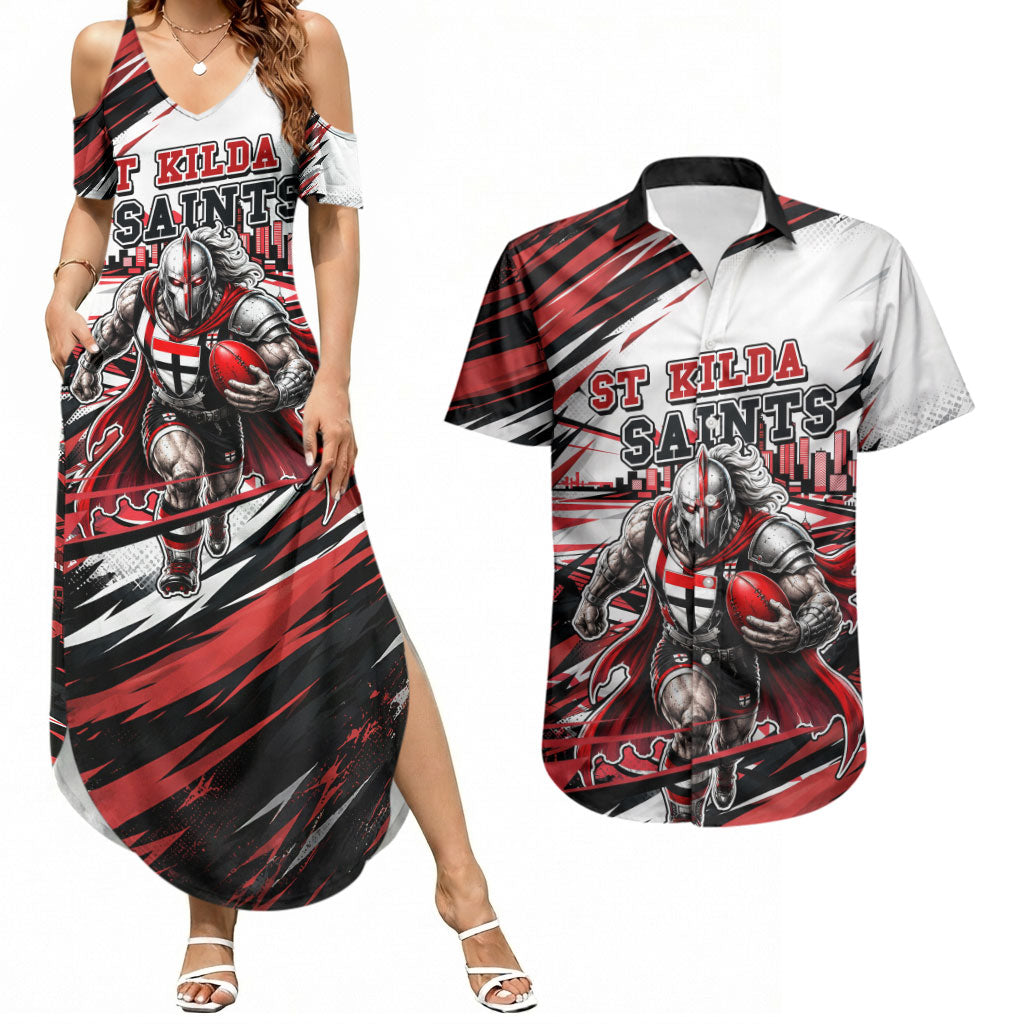 Personalised St Kilda Saints Fan Pride Couples Matching Summer Maxi Dress and Hawaiian Shirt Crusader Mascot Graphic Art With Melbourne City Skyline