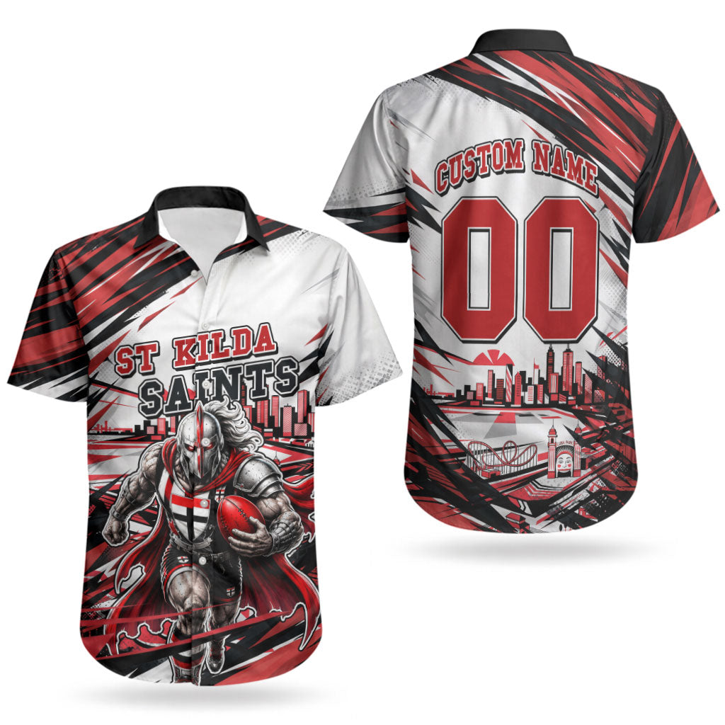 Personalised St Kilda Saints Fan Pride Couples Matching Summer Maxi Dress and Hawaiian Shirt Crusader Mascot Graphic Art With Melbourne City Skyline
