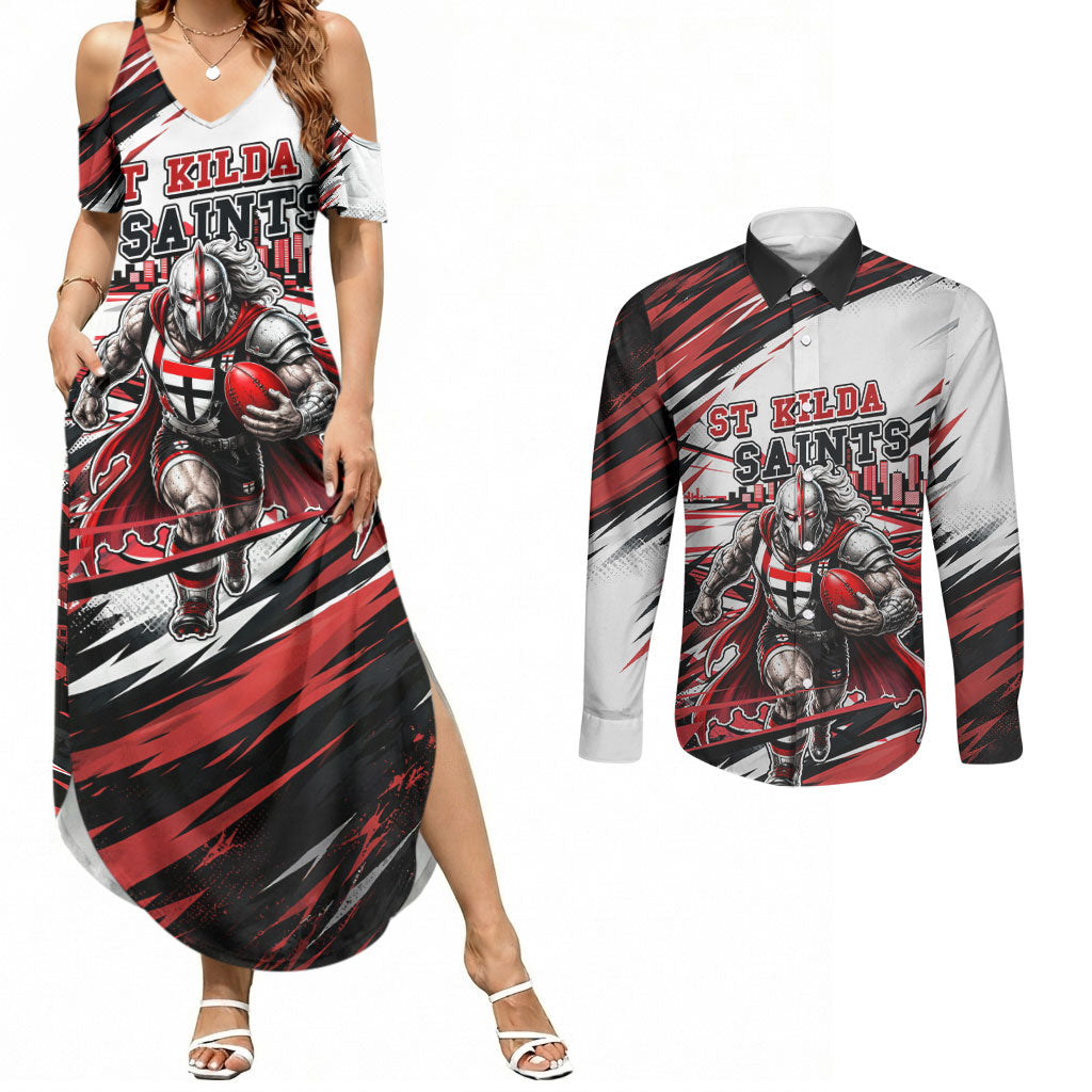 Personalised St Kilda Saints Fan Pride Couples Matching Summer Maxi Dress and Long Sleeve Button Shirt Crusader Mascot Graphic Art With Melbourne City Skyline