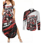 Personalised St Kilda Saints Fan Pride Couples Matching Summer Maxi Dress and Long Sleeve Button Shirt Crusader Mascot Graphic Art With Melbourne City Skyline