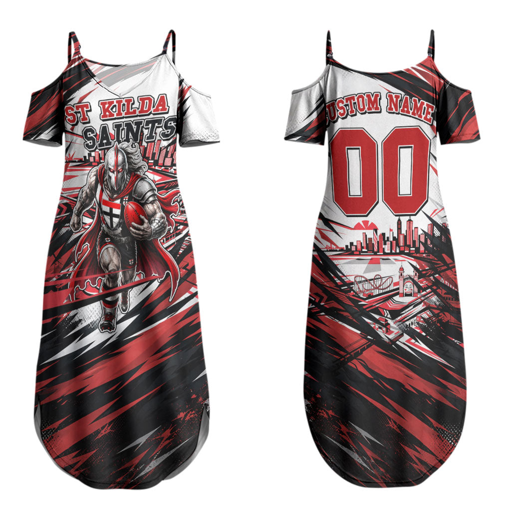 Personalised St Kilda Saints Fan Pride Couples Matching Summer Maxi Dress and Long Sleeve Button Shirt Crusader Mascot Graphic Art With Melbourne City Skyline
