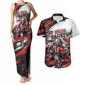Personalised St Kilda Saints Fan Pride Couples Matching Tank Maxi Dress and Hawaiian Shirt Crusader Mascot Graphic Art With Melbourne City Skyline