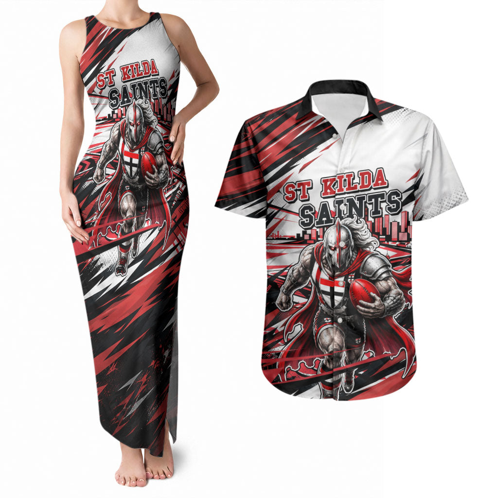 Personalised St Kilda Saints Fan Pride Couples Matching Tank Maxi Dress and Hawaiian Shirt Crusader Mascot Graphic Art With Melbourne City Skyline