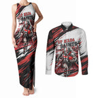 Personalised St Kilda Saints Fan Pride Couples Matching Tank Maxi Dress and Long Sleeve Button Shirt Crusader Mascot Graphic Art With Melbourne City Skyline