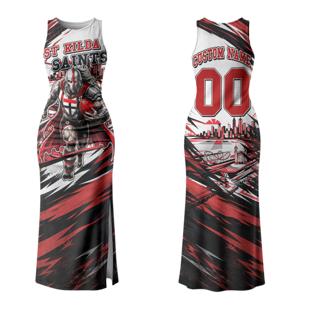 Personalised St Kilda Saints Fan Pride Couples Matching Tank Maxi Dress and Long Sleeve Button Shirt Crusader Mascot Graphic Art With Melbourne City Skyline
