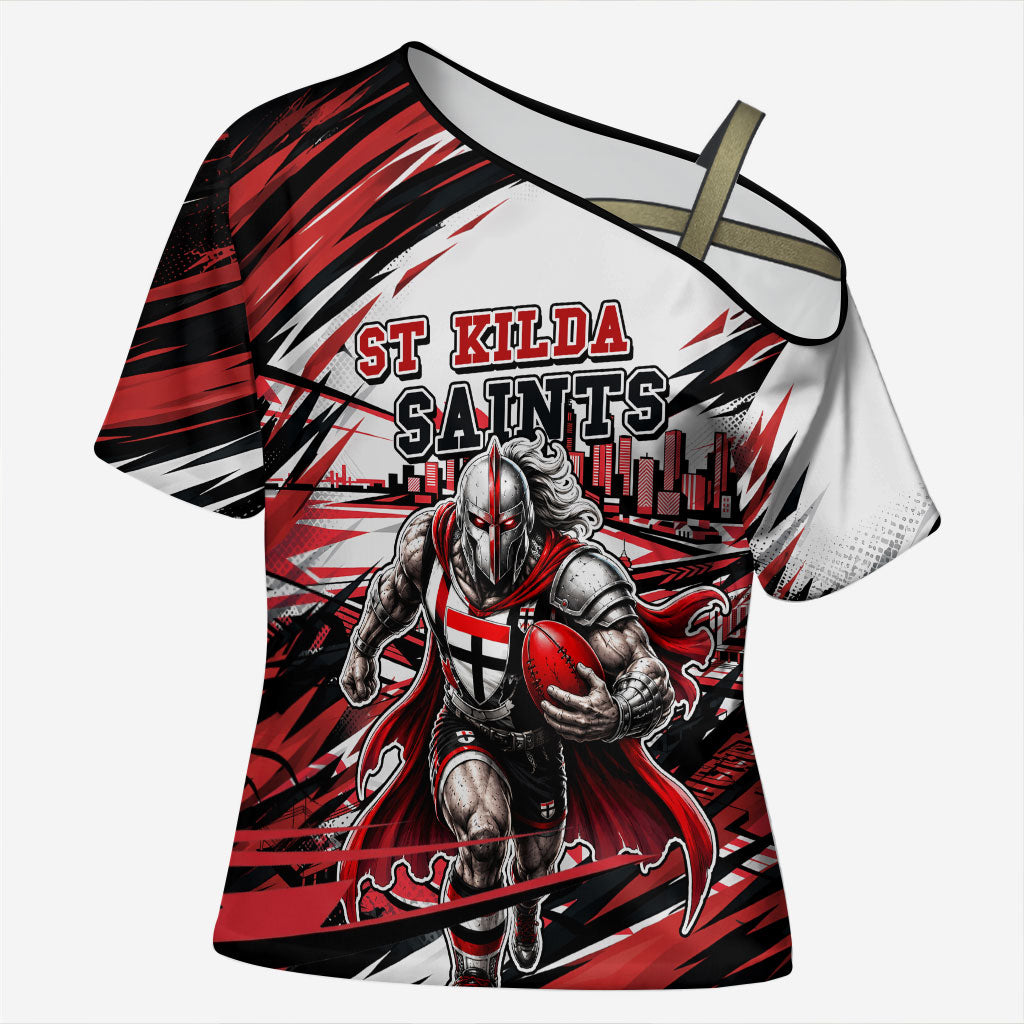 Personalised St Kilda Saints Fan Pride Cross Shoulder Shirt Crusader Mascot Graphic Art With Melbourne City Skyline