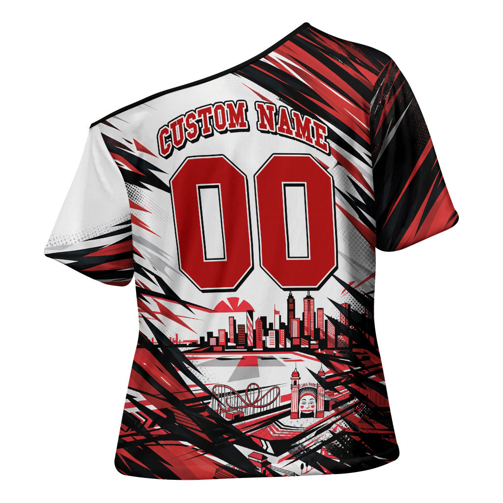 Personalised St Kilda Saints Fan Pride Cross Shoulder Shirt Crusader Mascot Graphic Art With Melbourne City Skyline