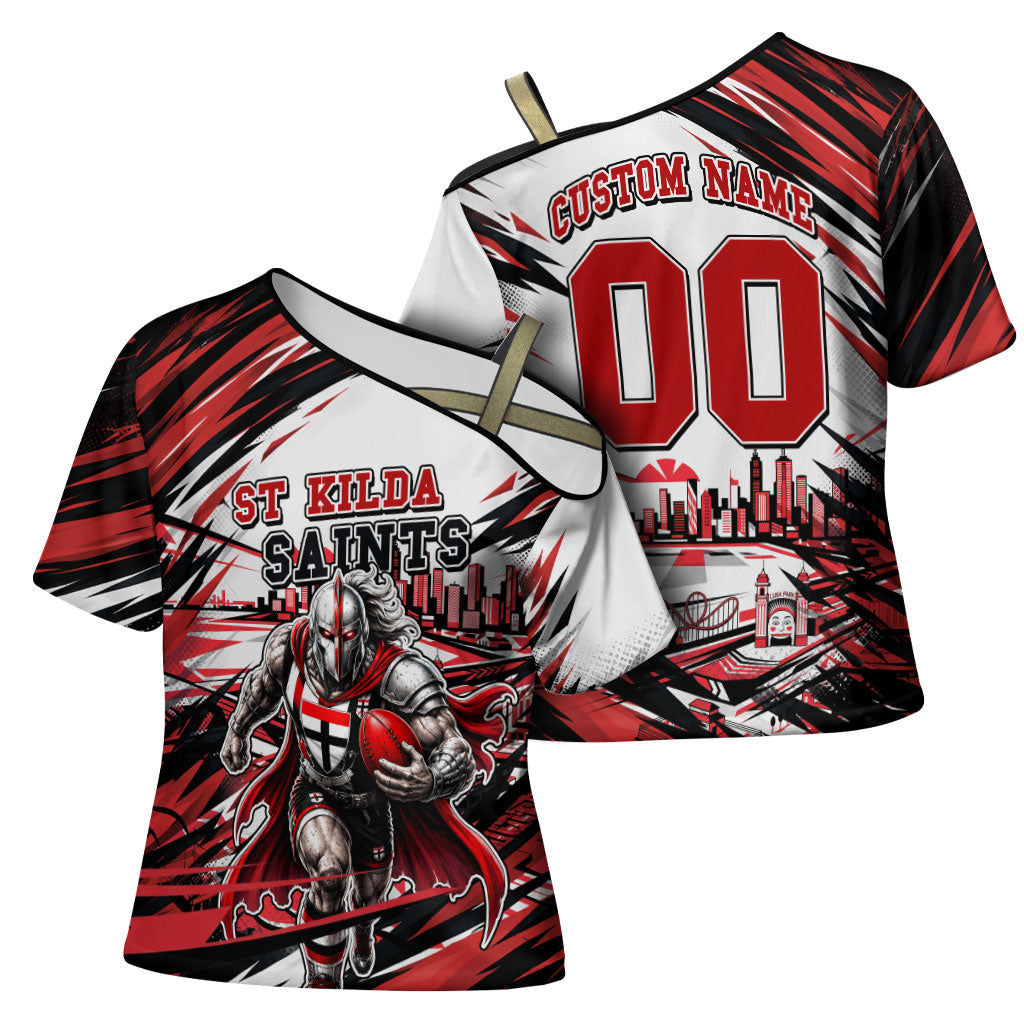 Personalised St Kilda Saints Fan Pride Cross Shoulder Shirt Crusader Mascot Graphic Art With Melbourne City Skyline