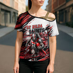 Personalised St Kilda Saints Fan Pride Cross Shoulder Shirt Crusader Mascot Graphic Art With Melbourne City Skyline