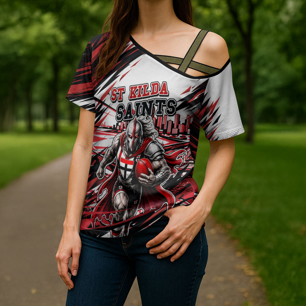 Personalised St Kilda Saints Fan Pride Cross Shoulder Shirt Crusader Mascot Graphic Art With Melbourne City Skyline