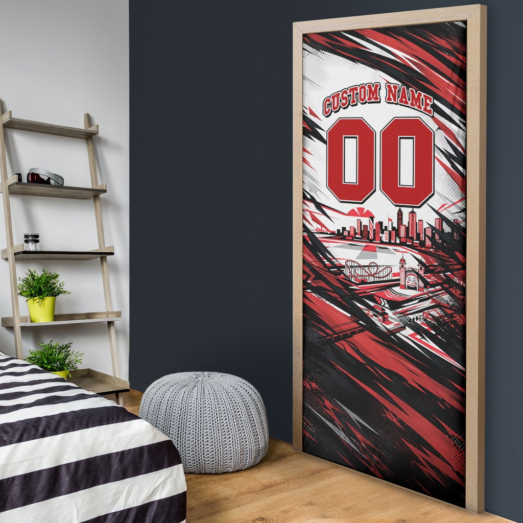 Personalised St Kilda Saints Fan Pride Door Cover Crusader Mascot Graphic Art With Melbourne City Skyline