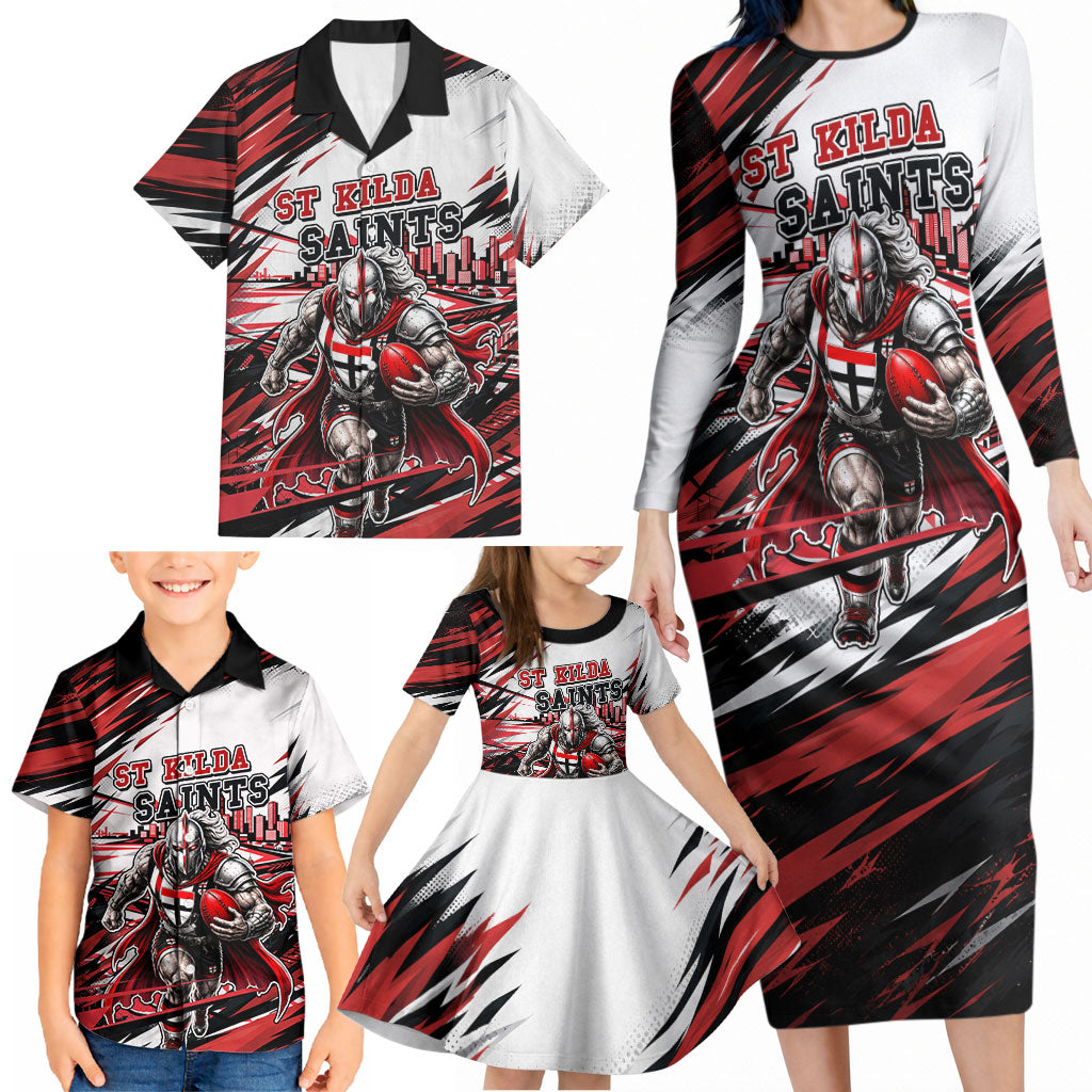 Personalised St Kilda Saints Fan Pride Family Matching Long Sleeve Bodycon Dress and Hawaiian Shirt Crusader Mascot Graphic Art With Melbourne City Skyline