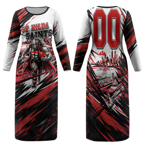 Personalised St Kilda Saints Fan Pride Family Matching Long Sleeve Bodycon Dress and Hawaiian Shirt Crusader Mascot Graphic Art With Melbourne City Skyline